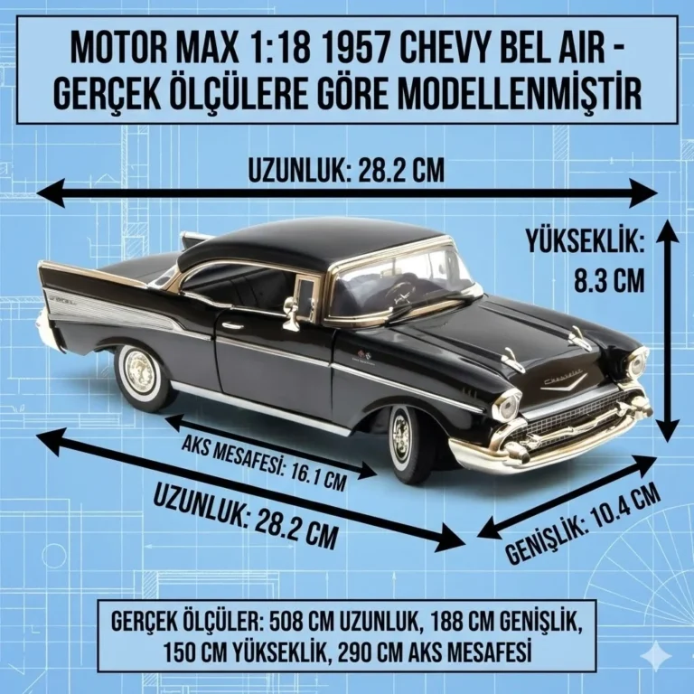 Motor Max 1:18 1957 Chevy Bel Air Siyah Klasik Model Araba - 73180 - Görsel 10